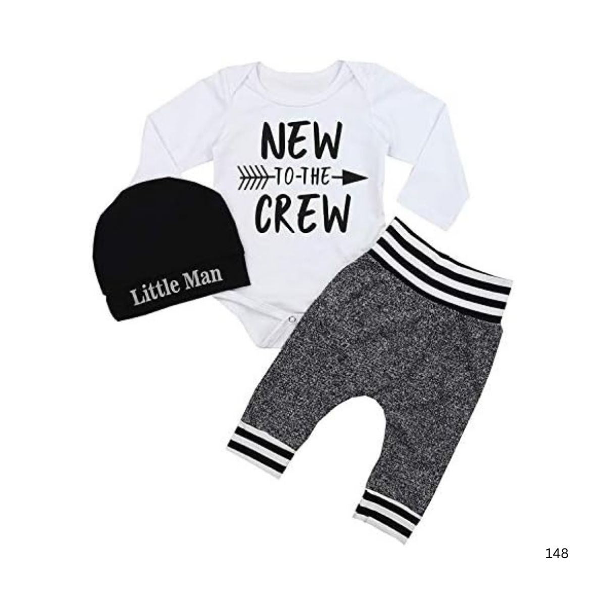 Fommy Newborn Baby Boy Clothes New to The Crew Letter Print Romper+ Pants+Hat 3PCS Outfit