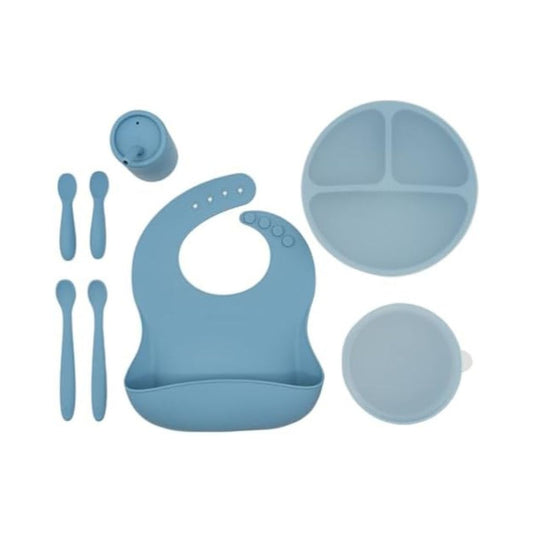 WeeSprout Baby Led Weaning Bundle, Silicone Suction Bowl, Spoons, Bib & Cup, Develops Self Feeding Skills, Dishwasher Safe (Blue)