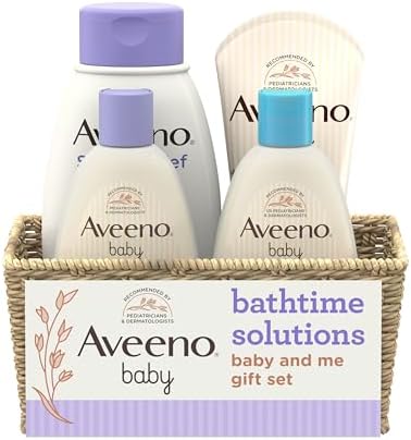 Aveeno Baby Bathtime Solutions Baby & Me Gift Set with Baby Wash & Shampoo, Calming Baby Bath, Baby Daily Moisturizing Lotion & Stress Relief Body Wash for Mom, Oatmeal, 4 Items