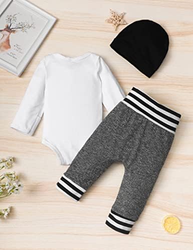 Fommy Newborn Baby Boy Clothes New to The Crew Letter Print Romper+ Pants+Hat 3PCS Outfit