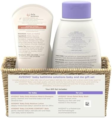 Aveeno Baby Bathtime Solutions Baby & Me Gift Set with Baby Wash & Shampoo, Calming Baby Bath, Baby Daily Moisturizing Lotion & Stress Relief Body Wash for Mom, Oatmeal, 4 Items