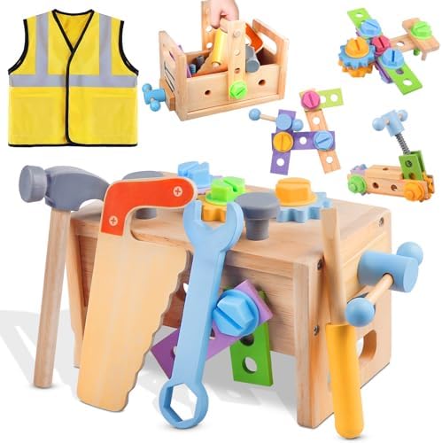 Aliex Wooden Kids Tool Set, 30pcs Toy Tools for Toddlers with Vest, Tool Kit Toddler Montessori Stem Learning Educational Toys for 3 4 5 Years Old Boys Girls, Birthday Gift for Kids