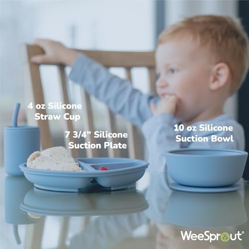 WeeSprout Baby Led Weaning Bundle, Silicone Suction Bowl, Spoons, Bib & Cup, Develops Self Feeding Skills, Dishwasher Safe (Blue)