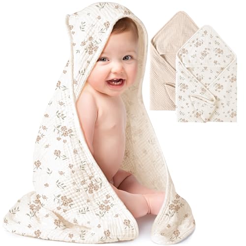 Konssy 2-Pack Muslin Hooded Baby Towels, 100% Cotton, Ultra-Soft & Absorbent Baby Bath Towels with Hood for Newborn & Infant (Cream, Blossom,30" x 30")