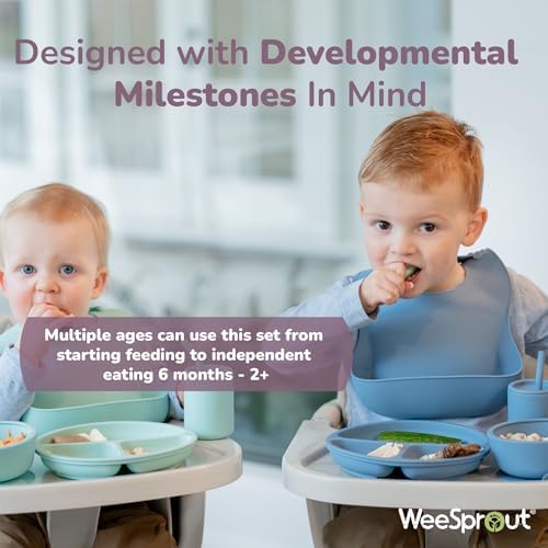 WeeSprout Baby Led Weaning Bundle, Silicone Suction Bowl, Spoons, Bib & Cup, Develops Self Feeding Skills, Dishwasher Safe (Blue)