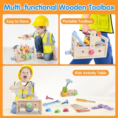 Aliex Wooden Kids Tool Set, 30pcs Toy Tools for Toddlers with Vest, Tool Kit Toddler Montessori Stem Learning Educational Toys for 3 4 5 Years Old Boys Girls, Birthday Gift for Kids