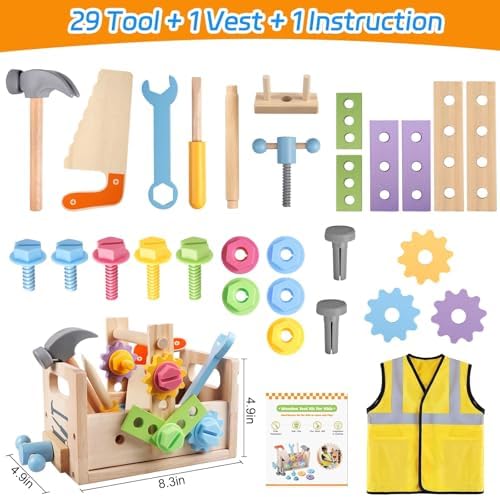 Aliex Wooden Kids Tool Set, 30pcs Toy Tools for Toddlers with Vest, Tool Kit Toddler Montessori Stem Learning Educational Toys for 3 4 5 Years Old Boys Girls, Birthday Gift for Kids