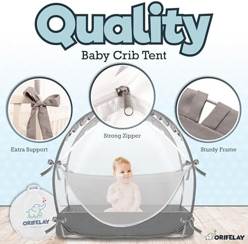 Baby Crib Tent - Toddler Bed Tent w/White Noise Machine, Wide Zipper Opening - Easy Setup Crib Cover w/Glow in The Dark Stickers & Custom Multi Color Light, Breathable Mesh Cribs Net, Gray