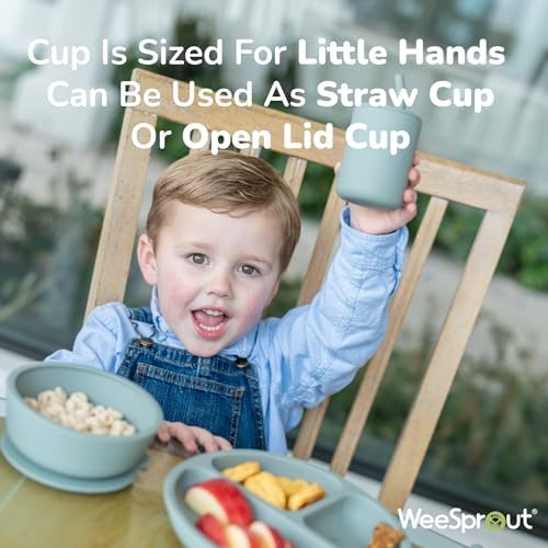 WeeSprout Baby Led Weaning Bundle, Silicone Suction Bowl, Spoons, Bib & Cup, Develops Self Feeding Skills, Dishwasher Safe (Blue)