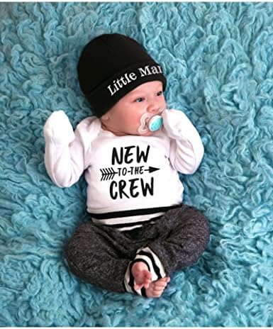 Fommy Newborn Baby Boy Clothes New to The Crew Letter Print Romper+ Pants+Hat 3PCS Outfit