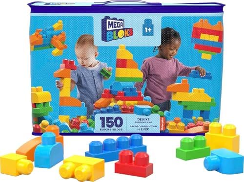 MEGA BLOKS First Builders Toddler Blocks Toys Set, Deluxe Building Bag with 150 Pieces and Storage, Blue, Ages 1+ Years