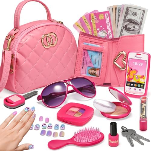 Little Girls Purse, Toddler Girl Toys for 3 4 5 6 Year Old, Kids Purses with Accessories, Pretend Play Handbag and Princess Kit, Pink Toy Valentines for 3-5 4-6