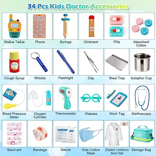 Sundaymot Doctor Kit for Kids, 34 Pcs Pretend Playset for Toddlers, Doctor kit for Toddlers 3-5, with Medical Bag, Stethoscope and Other Accessories, for Boys and Girls Fun Role Playing Game