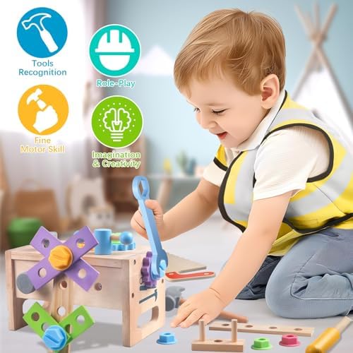 Aliex Wooden Kids Tool Set, 30pcs Toy Tools for Toddlers with Vest, Tool Kit Toddler Montessori Stem Learning Educational Toys for 3 4 5 Years Old Boys Girls, Birthday Gift for Kids