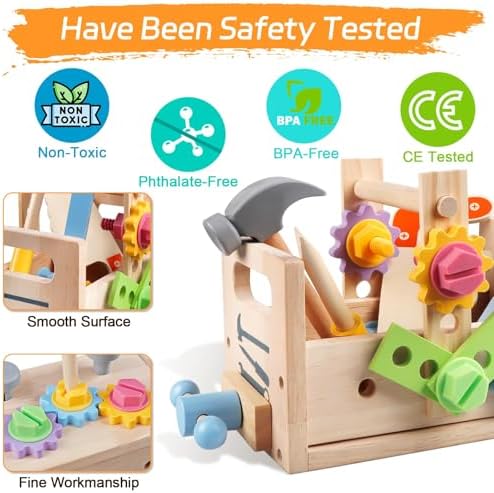 Aliex Wooden Kids Tool Set, 30pcs Toy Tools for Toddlers with Vest, Tool Kit Toddler Montessori Stem Learning Educational Toys for 3 4 5 Years Old Boys Girls, Birthday Gift for Kids