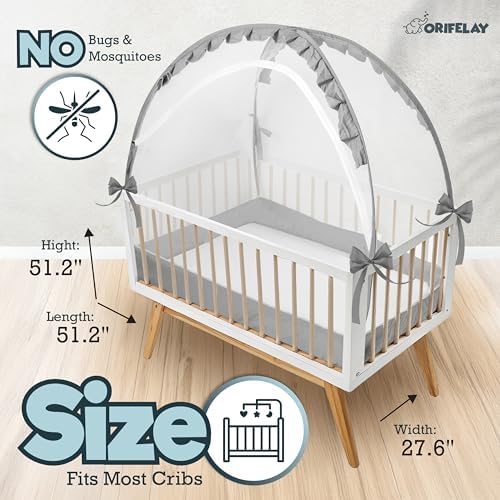 Baby Crib Tent - Toddler Bed Tent w/White Noise Machine, Wide Zipper Opening - Easy Setup Crib Cover w/Glow in The Dark Stickers & Custom Multi Color Light, Breathable Mesh Cribs Net, Gray