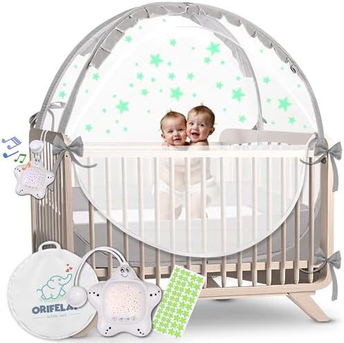 Baby Crib Tent - Toddler Bed Tent w/White Noise Machine, Wide Zipper Opening - Easy Setup Crib Cover w/Glow in The Dark Stickers & Custom Multi Color Light, Breathable Mesh Cribs Net, Gray