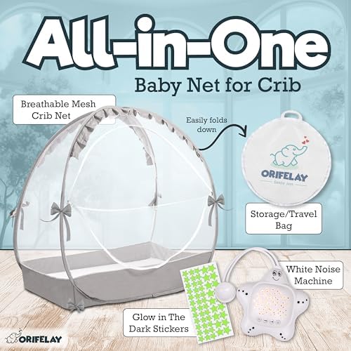 Baby Crib Tent - Toddler Bed Tent w/White Noise Machine, Wide Zipper Opening - Easy Setup Crib Cover w/Glow in The Dark Stickers & Custom Multi Color Light, Breathable Mesh Cribs Net, Gray