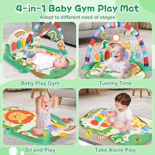 Baby Gyms Play Mats, Tummy Time Mat Toys, Infant Play Mat and Activity Gym, Baby Play Piano Gym Mat, Play Mats for Babies Newborns and Toddlers, Baby Activity Mat Toys 0-3-6-12 Months (Green)