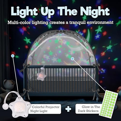 Baby Crib Tent - Toddler Bed Tent w/White Noise Machine, Wide Zipper Opening - Easy Setup Crib Cover w/Glow in The Dark Stickers & Custom Multi Color Light, Breathable Mesh Cribs Net, Gray