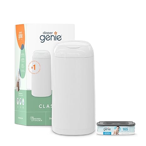 Diaper Genie Classic Pail Includes 1 Starter Square Refill That can Hold up to 165 Newborn-Sized Diapers.