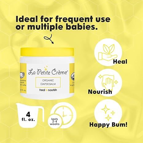 La Petite Creme French Organic Diaper Balm (4 oz) - Healing & Nourishing Diaper Cream - Gentle & Safe Liniment Baby Lotion - USDA Certified Organic - Baby Essentials for Newborn