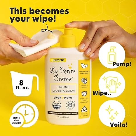 La Petite Creme French Premium Diapering Lotion - Diaper Cream Alternative to Baby Wipes - Gentle Moisturizer & Skin Cleanser with USDA Certified Organic Ingredients - Baby Essentials (8 oz)